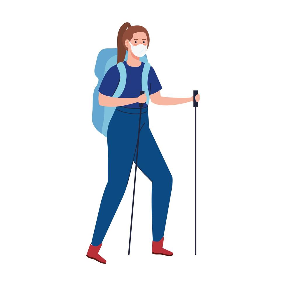 woman walking using face mask with climbing sticks vector