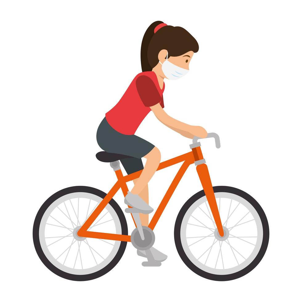 young woman riding bike using face mask vector
