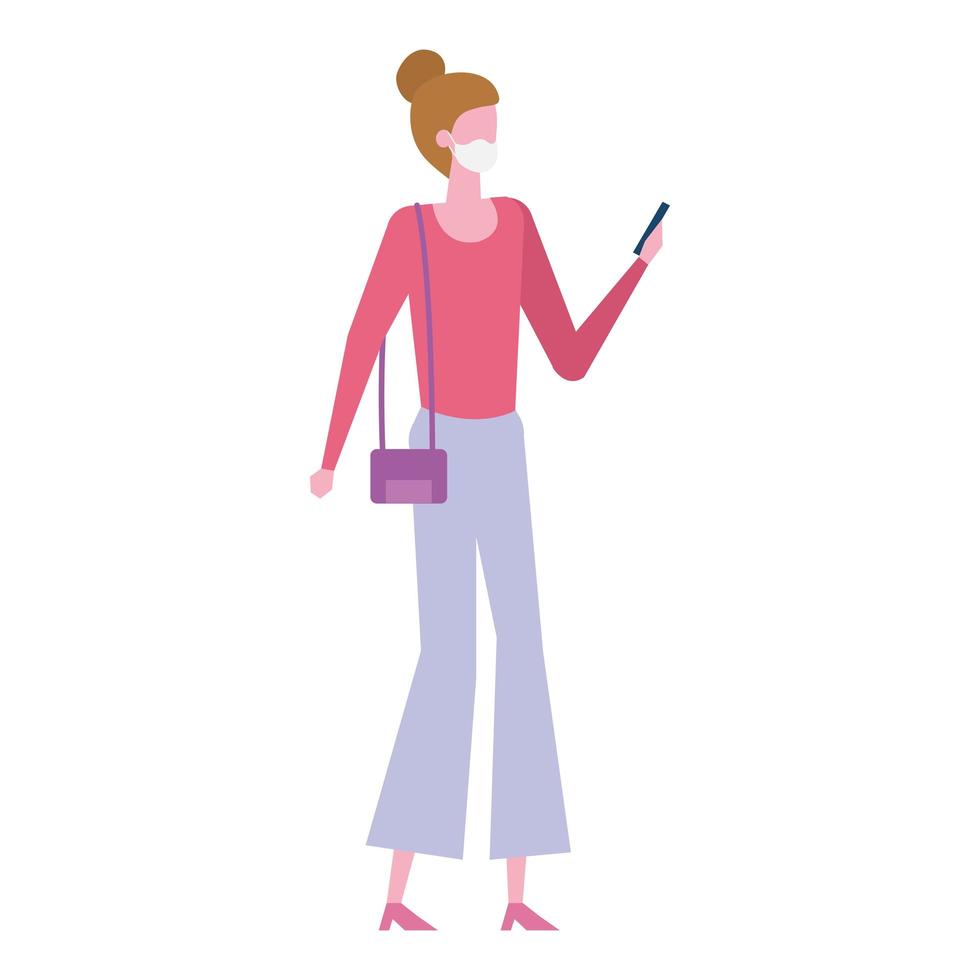 young woman with smartphone using face mask isolated icon vector