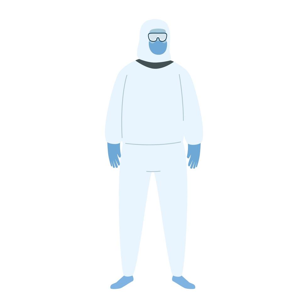 Man with protective suit mask glasses and gloves vector design