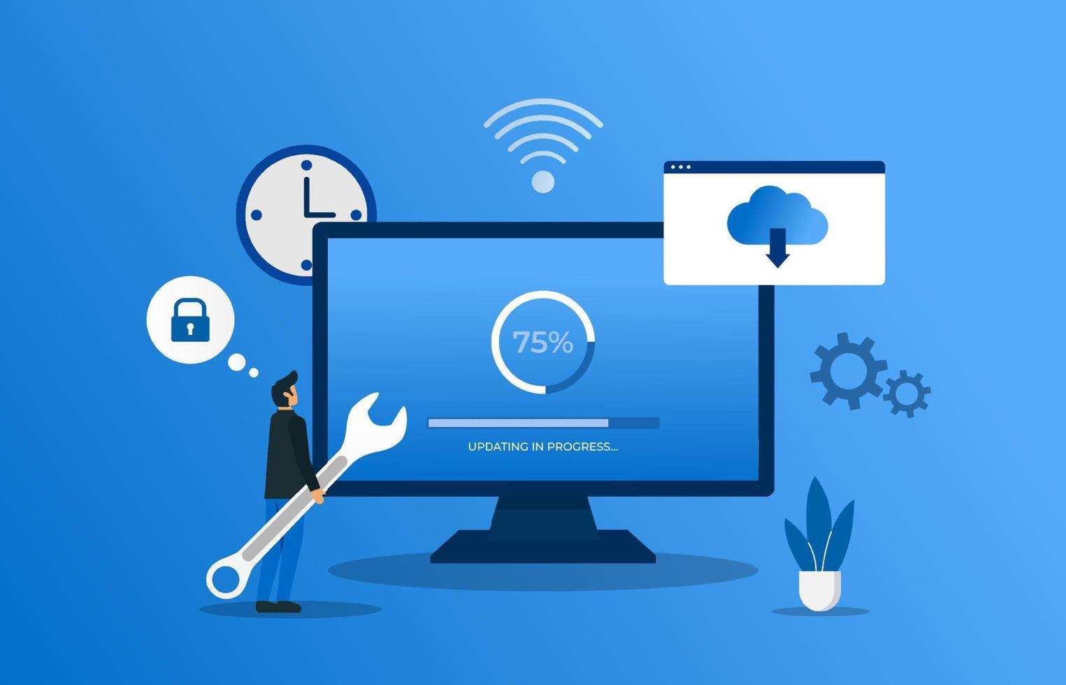 hombre actualizando software en computadora con barra de progreso e ilustración de vector de sistema de software de instalación.