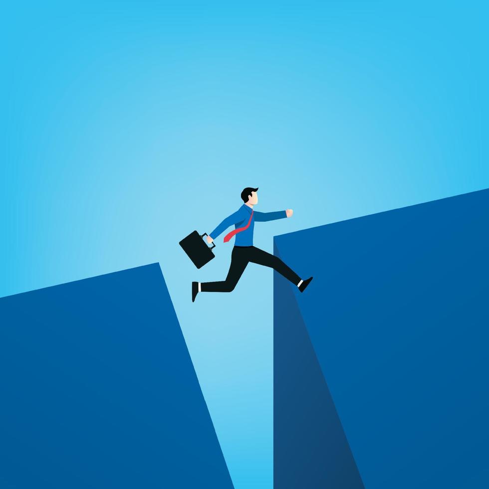 Business challenge concept. Businessman jumps over gap to achieve his goal symbol vector