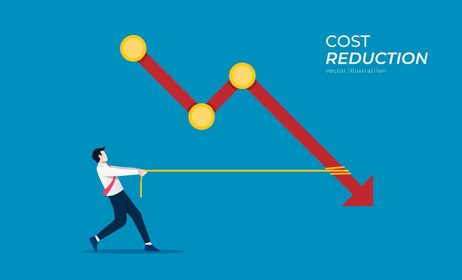 Cost reduction concept with businessman pulls a rope symbol. vector