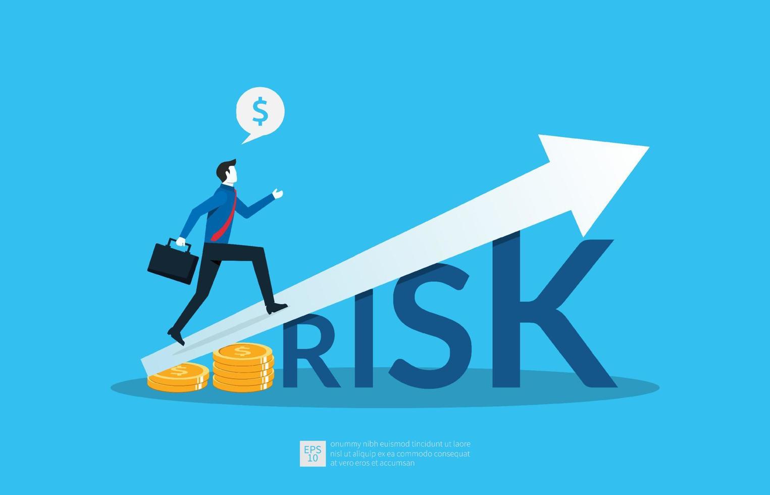 High risk high return concept. Confident smart businessman investor running on grow up stock market graph above word Risk. vector