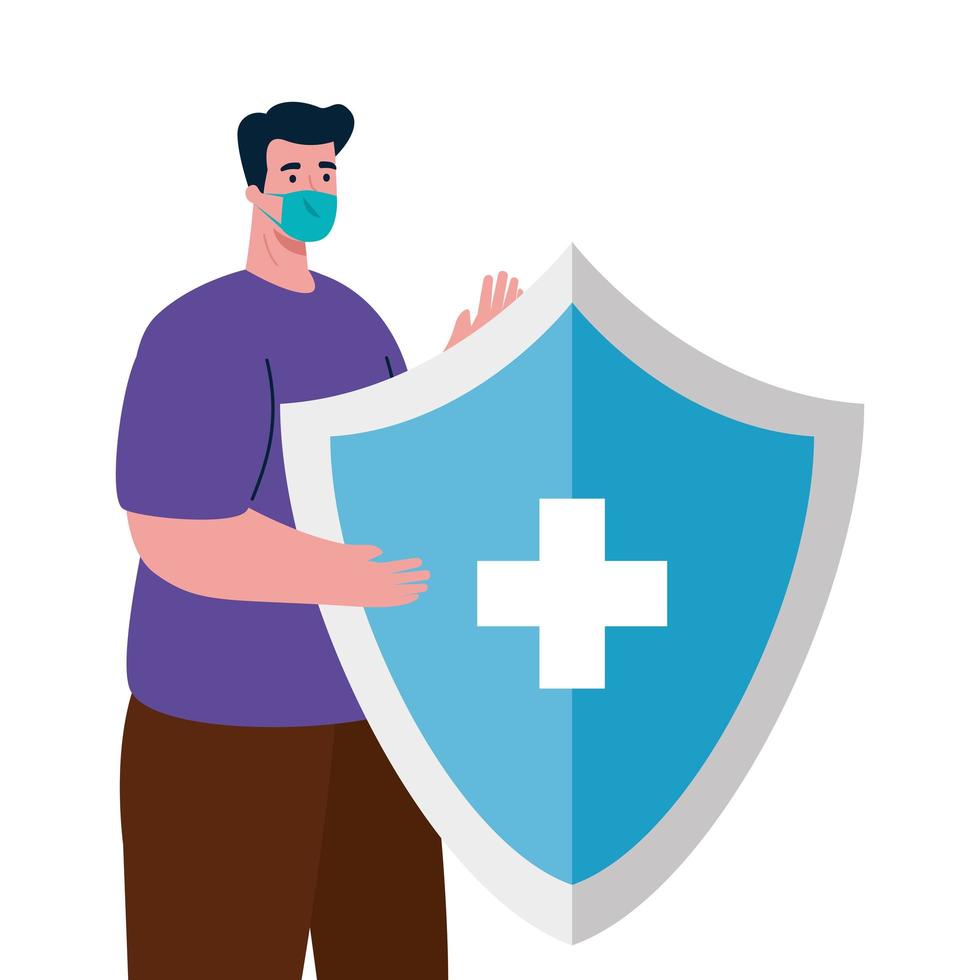 Avatar de hombre con máscara médica y escudo con diseño vectorial cruzado vector