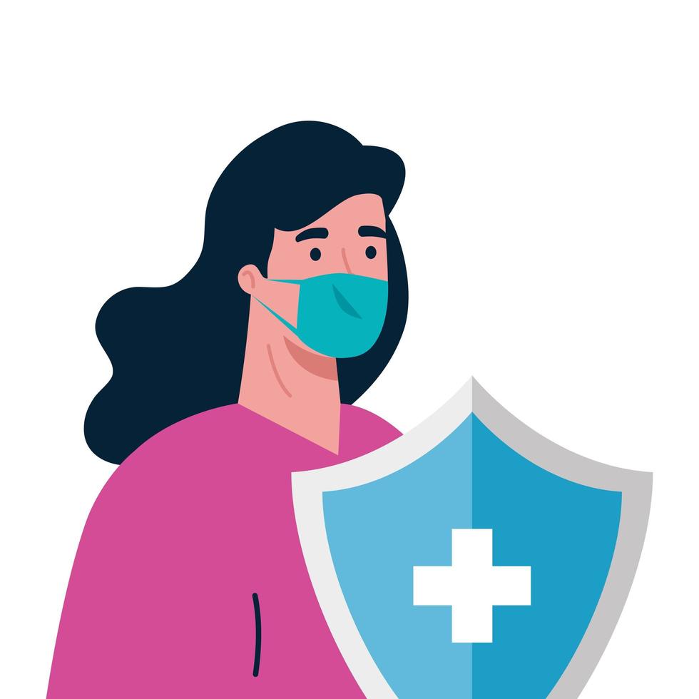 Woman with medical mask and shield with cross vector design