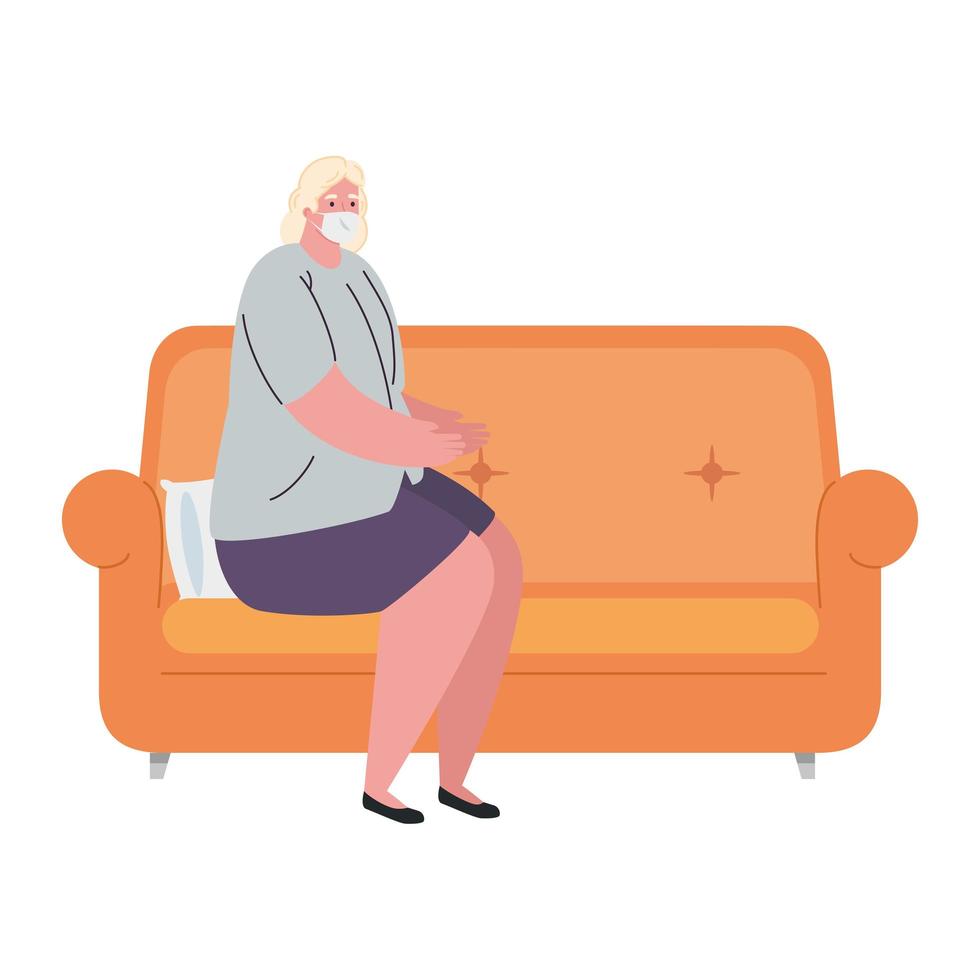Old woman avatar with medical mask on couch vector design