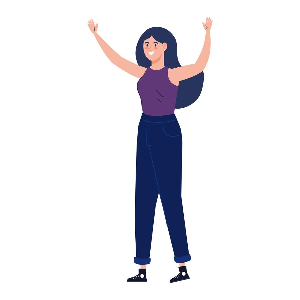 young woman excited hands up on white background vector