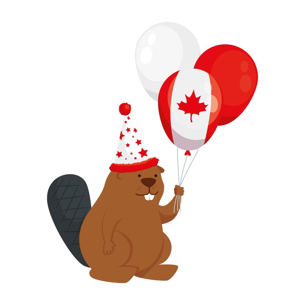 castor canadiense con sombrero y globos de feliz día de canadá diseño vectorial vector