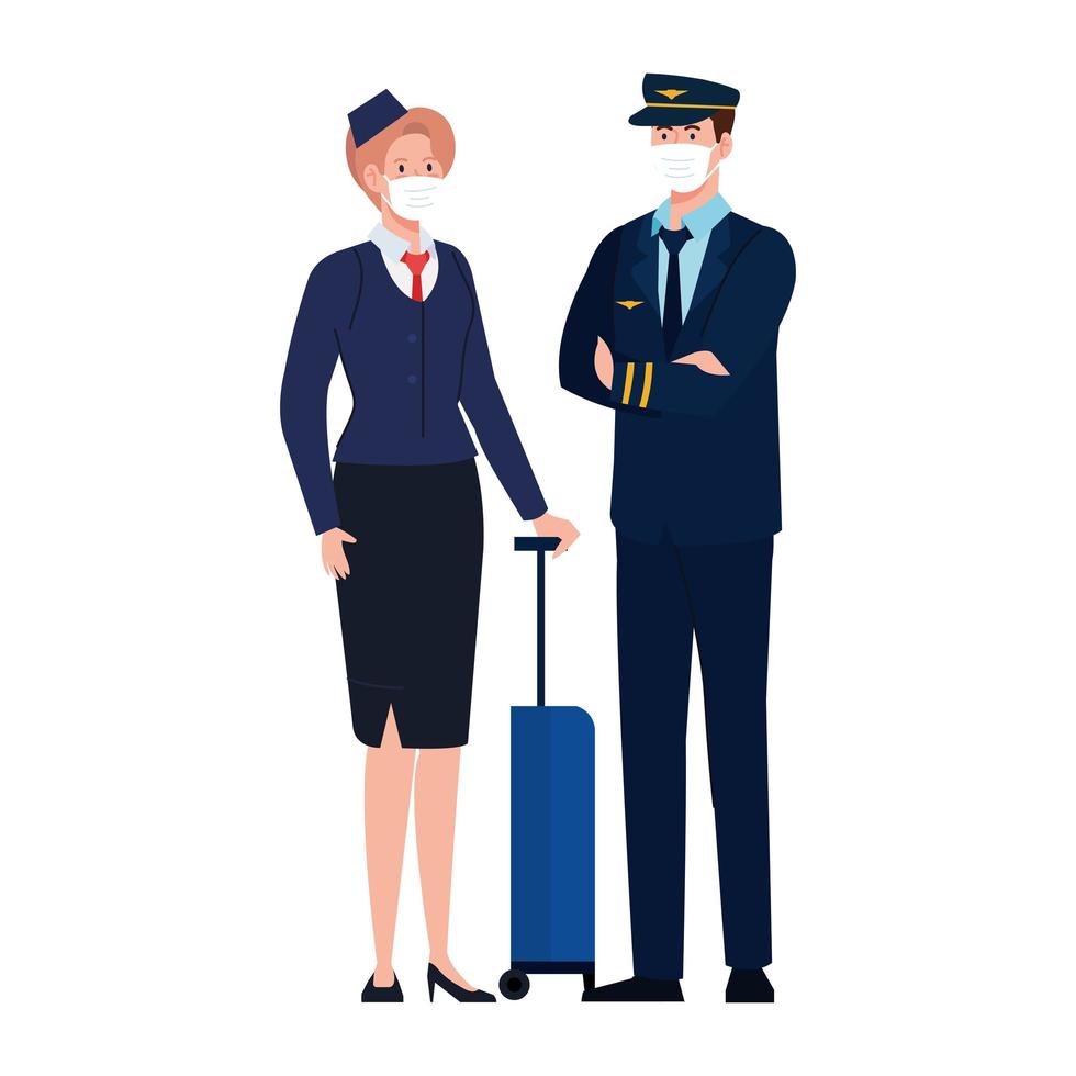 Female and male pilot and stewardess with masks vector design