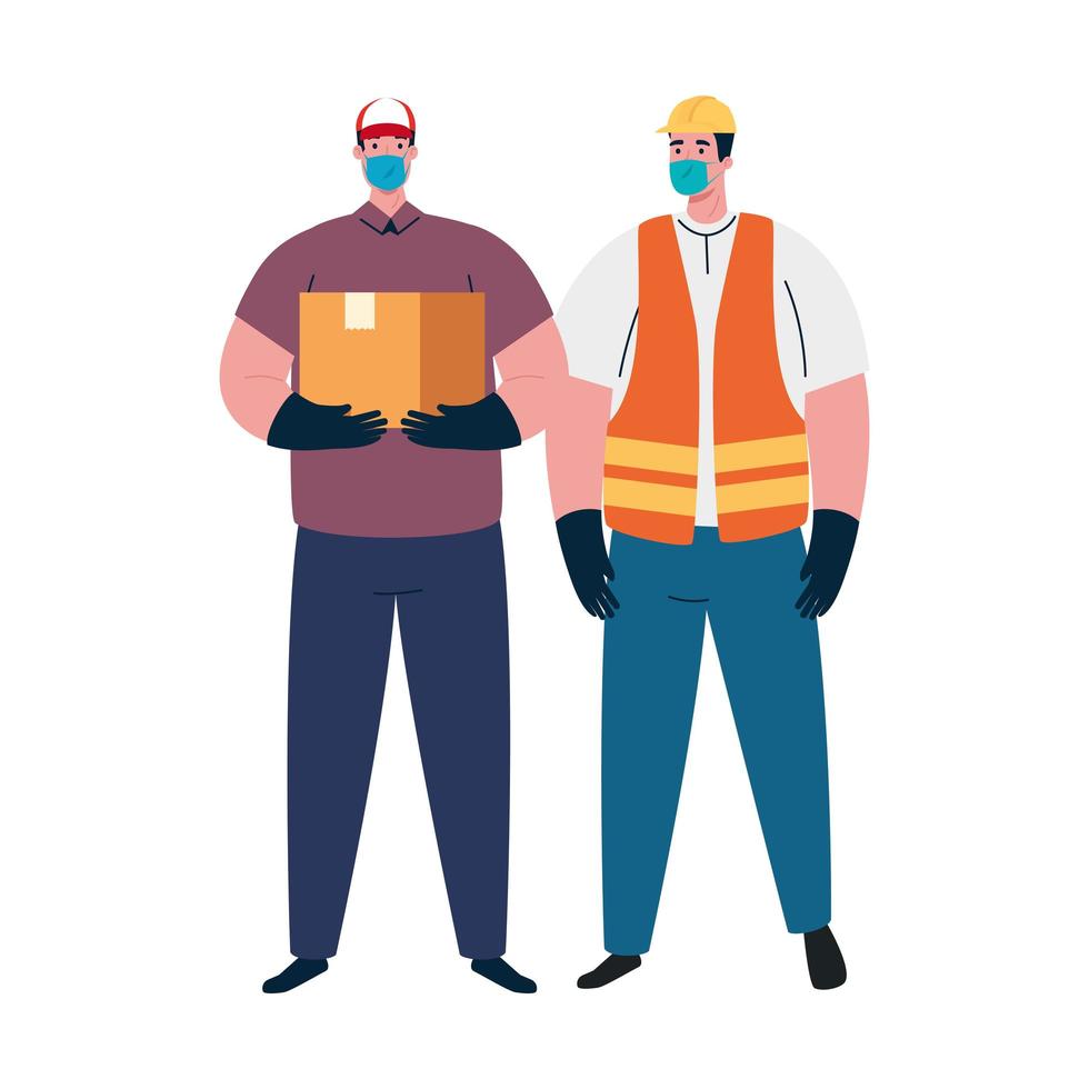 male constructer and delivery man with masks vector design