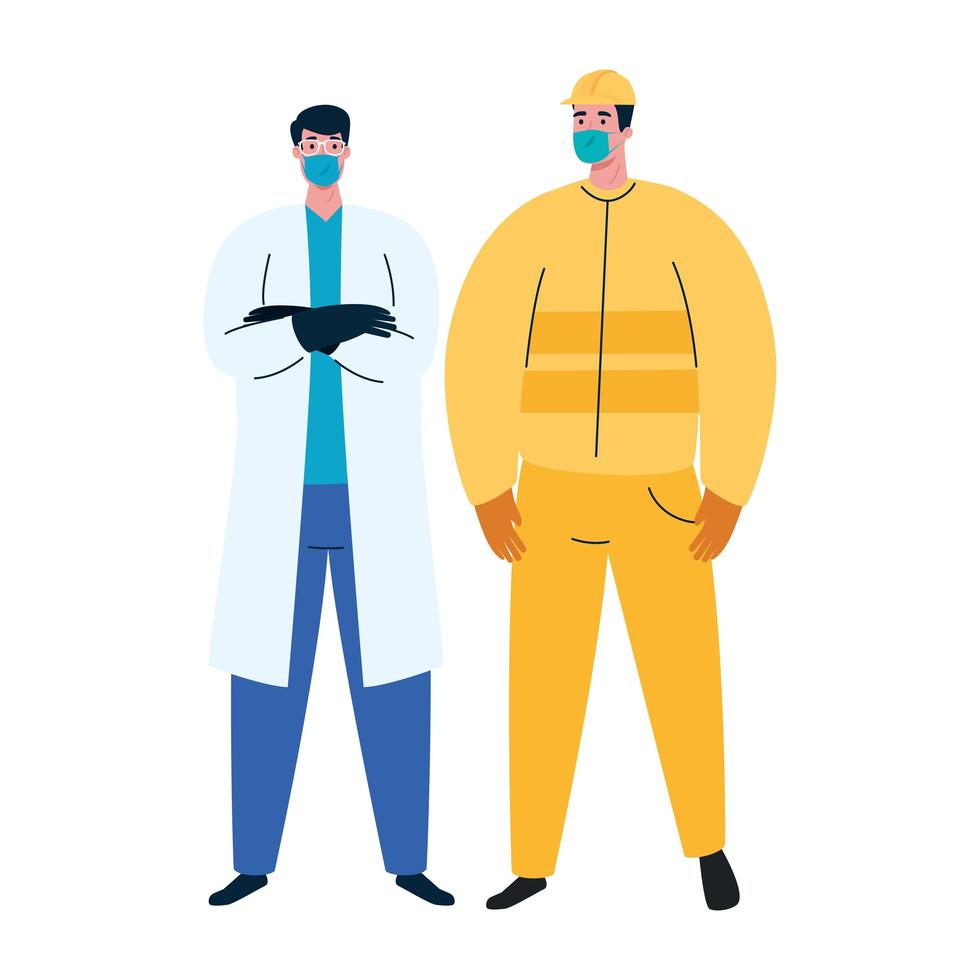 male constructer and doctor with masks vector design