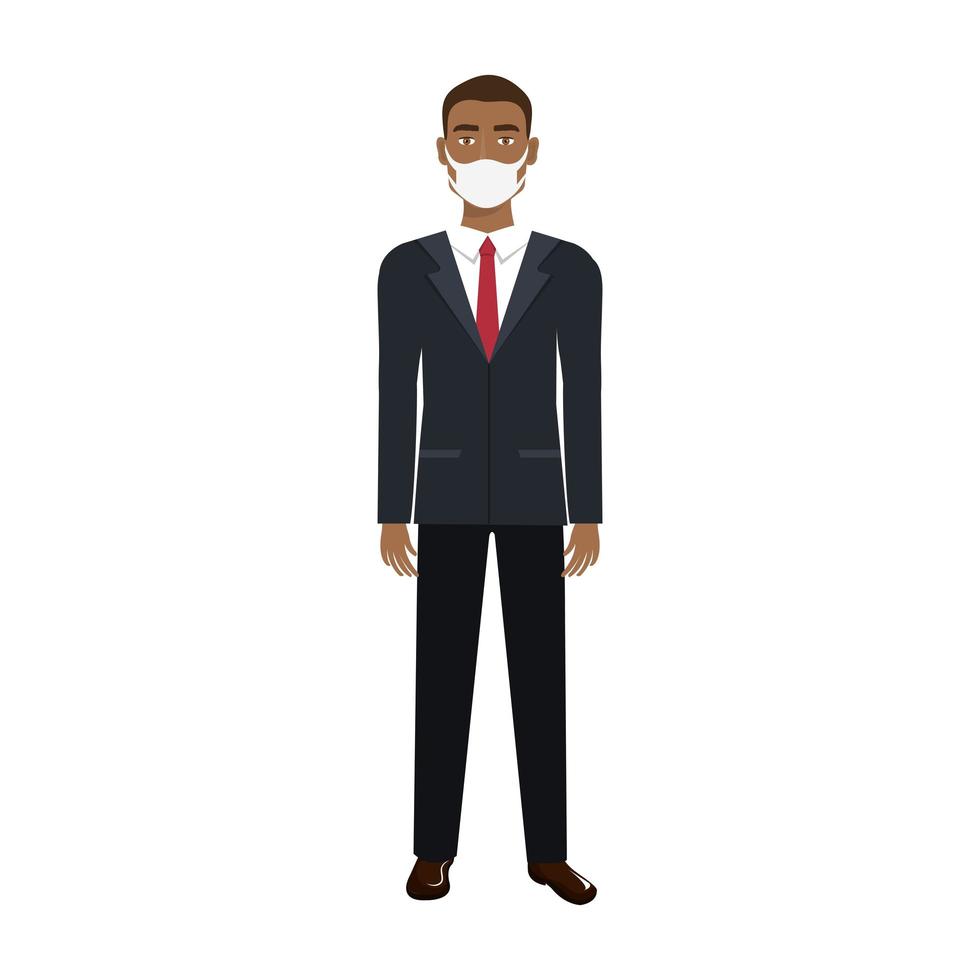 hombre de negocios afro usando máscara facial icono aislado vector