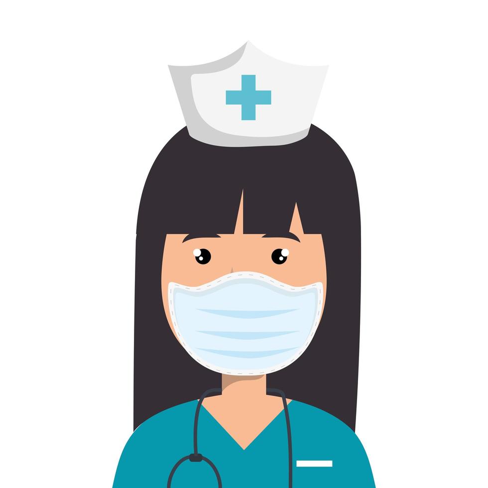 nurse professional using face mask with stethoscope vector