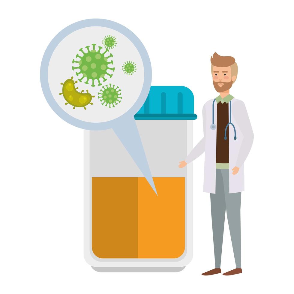 médico con botella y prueba de covid 19 vector