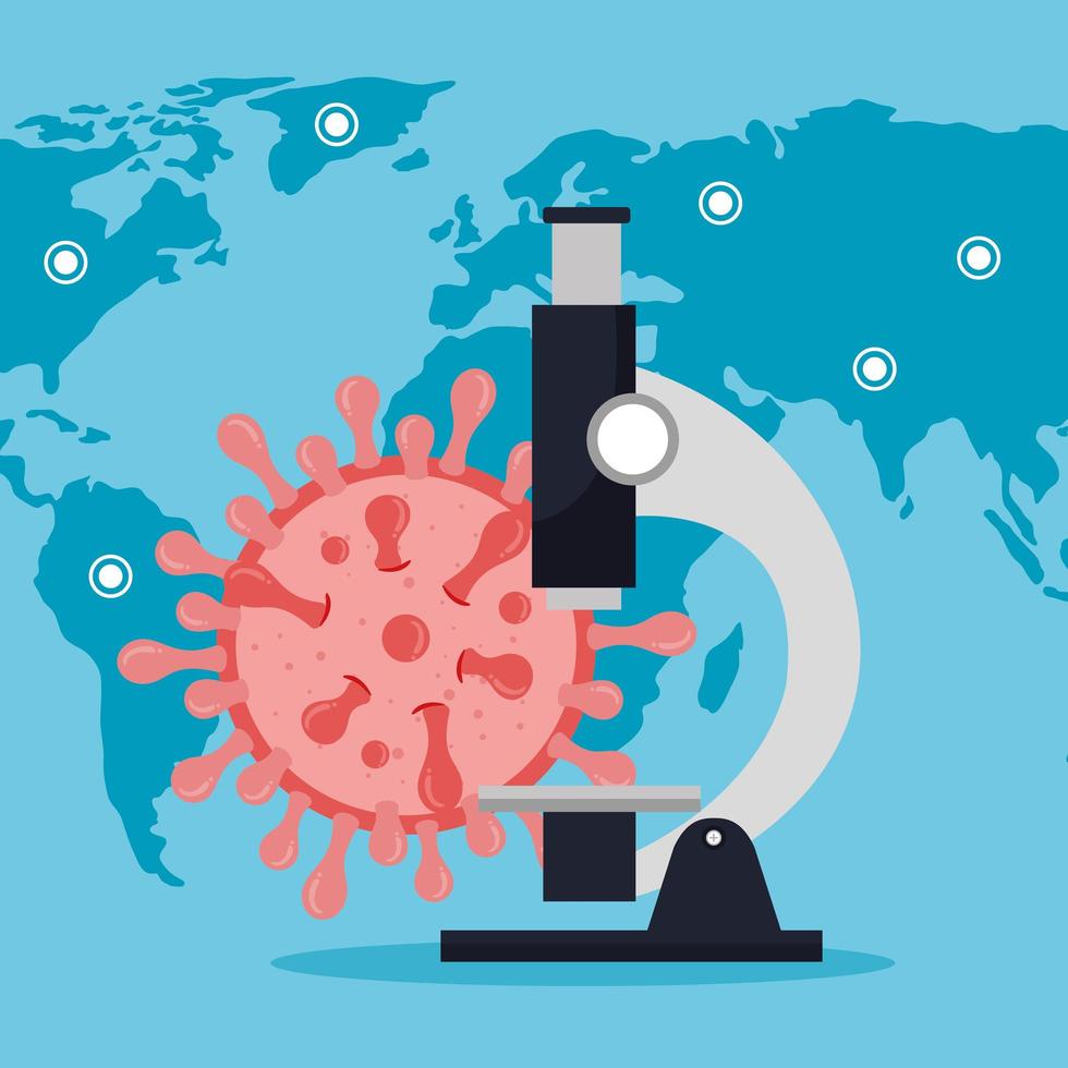 microscopio con partículas covid 19 y mapa mundial vector