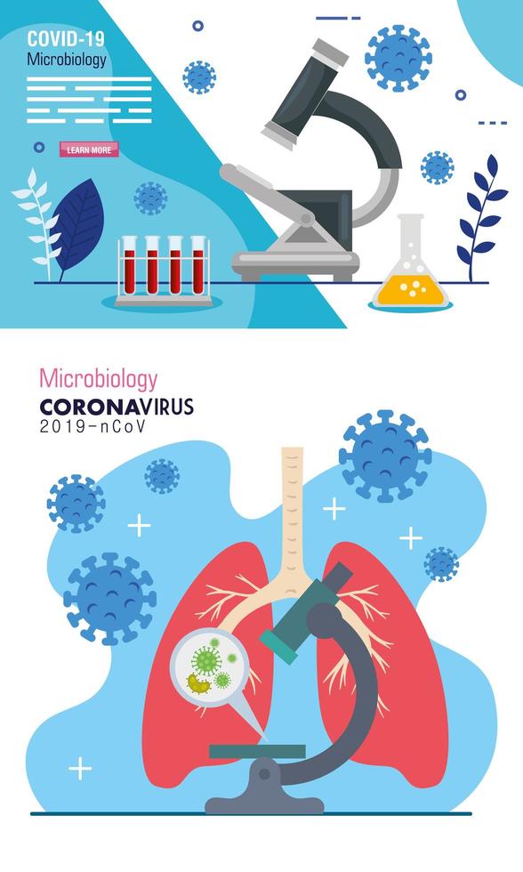 set poster of microbiology for covid 19 and medical icons vector