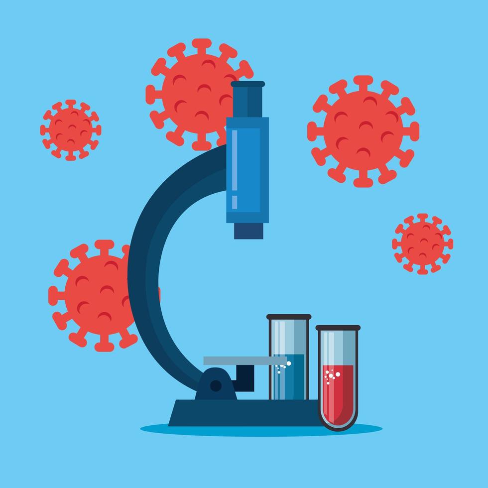 microscope with particles of covid 19 and tubes test vector