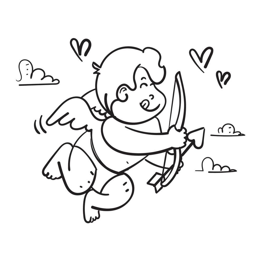 dibujado a mano doodle cupido bebé sosteniendo amor flecha ilustración vector