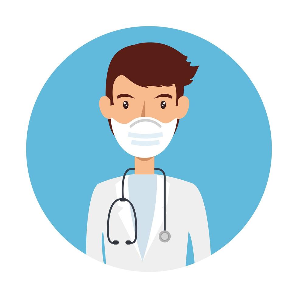 doctor using face mask with stethoscope in frame circular vector