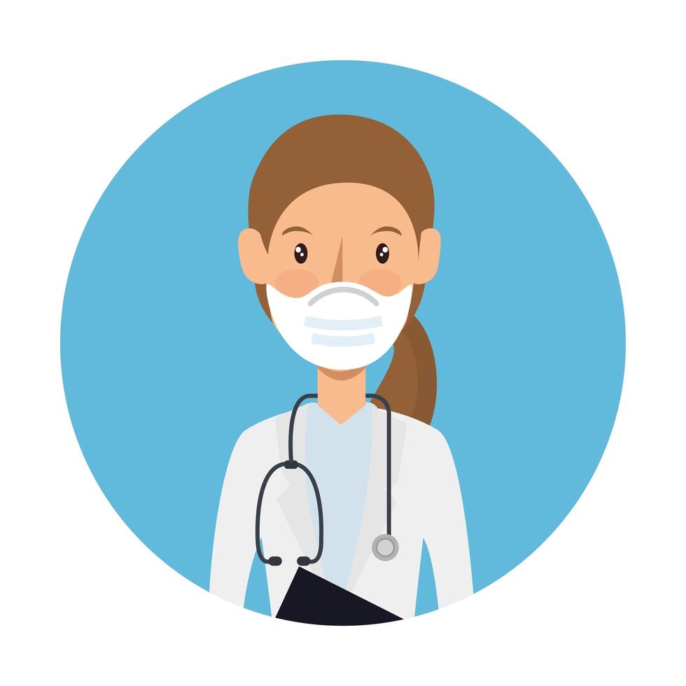 doctor female using face mask with stethoscope in frame circular vector