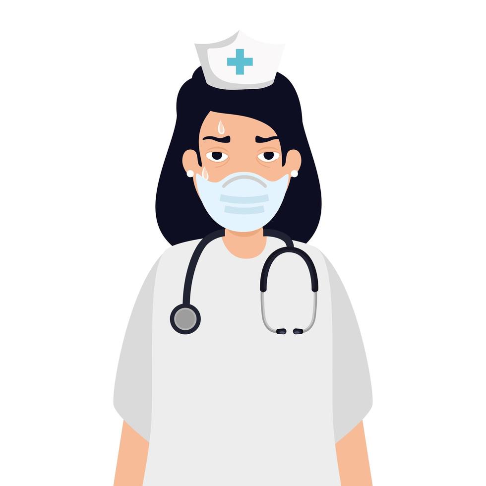 nurse tired using face mask with stethoscope vector