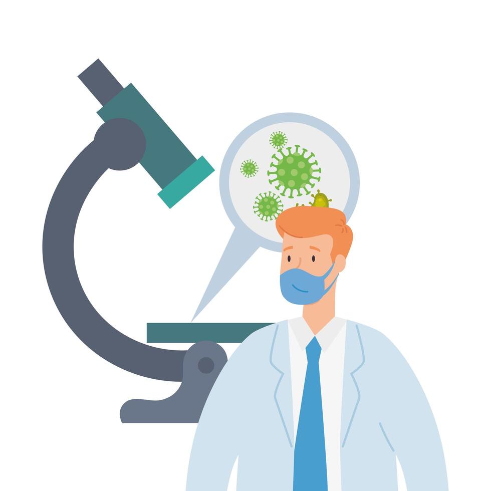 médico usando mascarilla con microscopio y partículas covid 19 vector