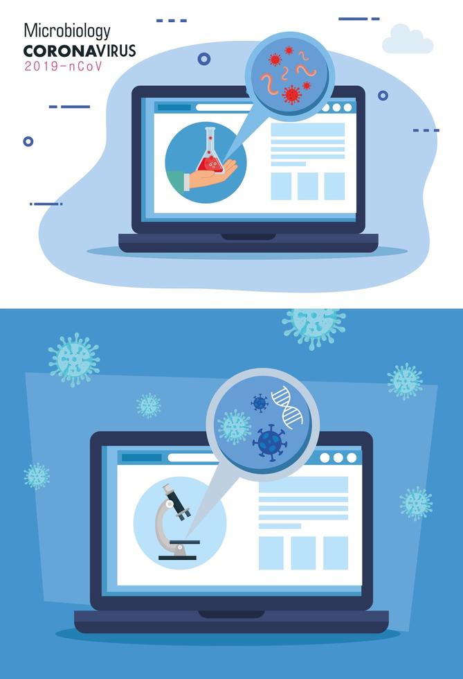 establecer póster de medicina en línea con microbiología de covid 19 vector
