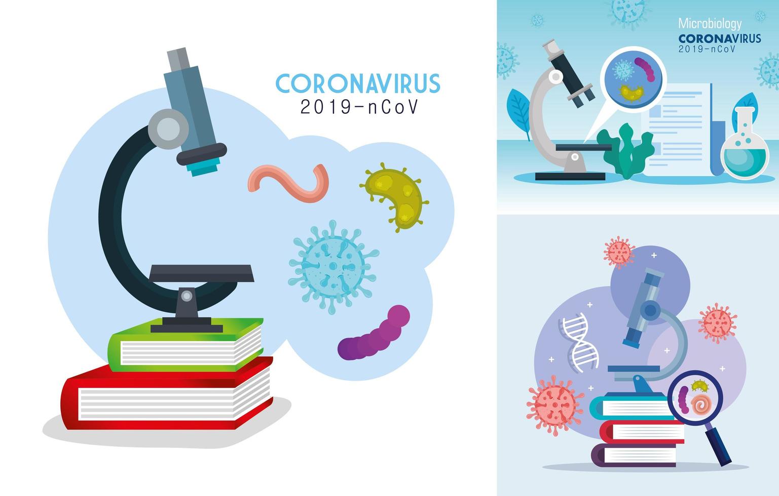 set poster of microbiology for covid 19 and medical icons vector