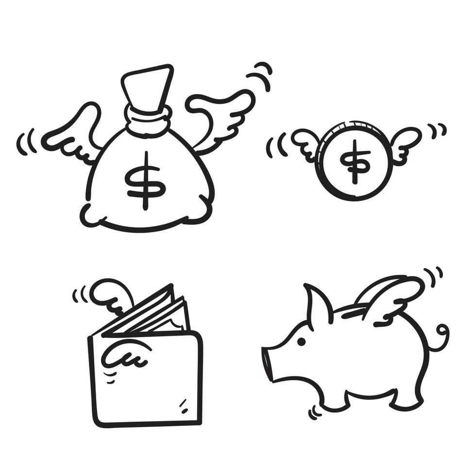 hand drawn doodle money related with wing flying illustration vector