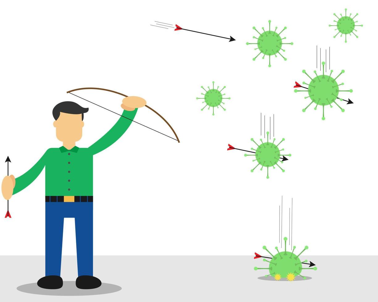 el diseño vectorial ilustrativo de un hombre está disparando el virus con su arco y flecha. vector