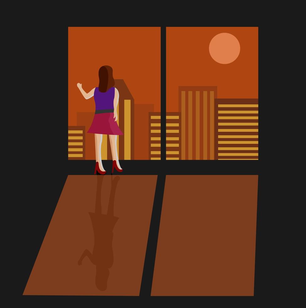 el diseño vectorial ilustrativo de una mujer está parada frente a la ventana y mirando al atardecer. vector