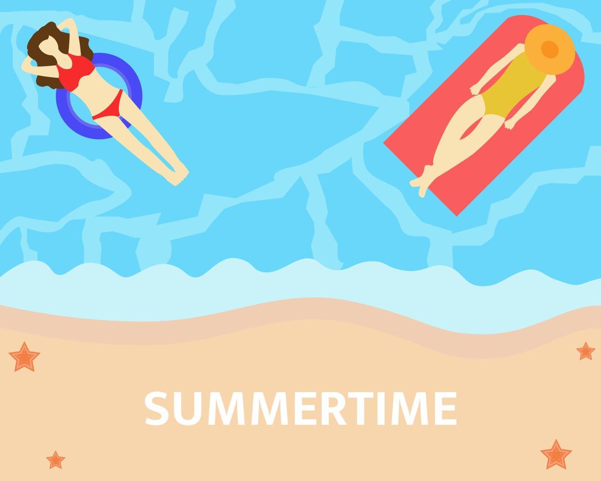 Illustration vector design of summertime. Hello summer. Woman taking a nap on the sea.