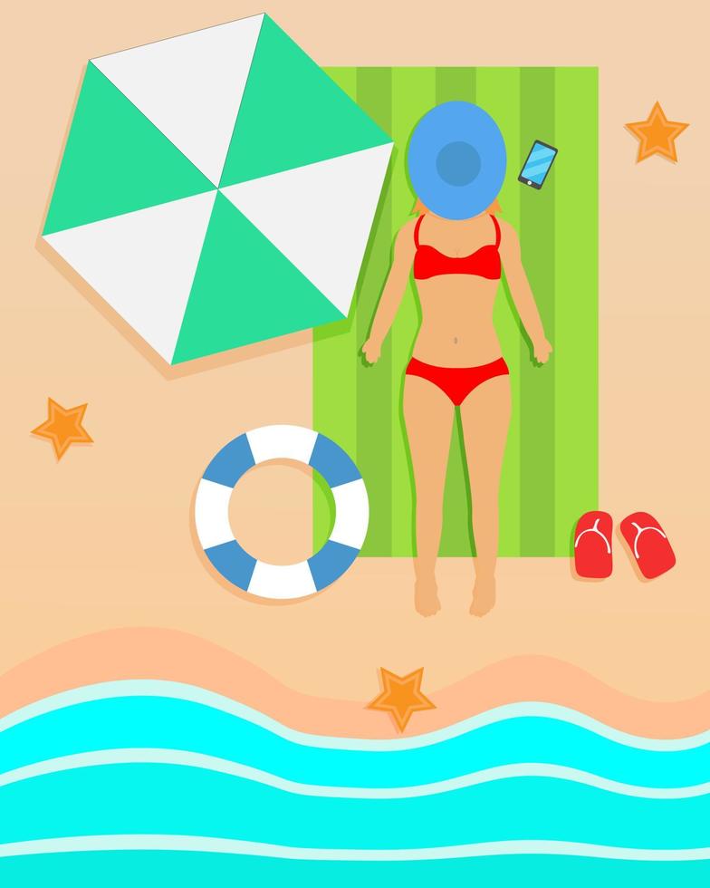 el diseño vectorial ilustrativo de la mujer está tomando el sol en la playa vector