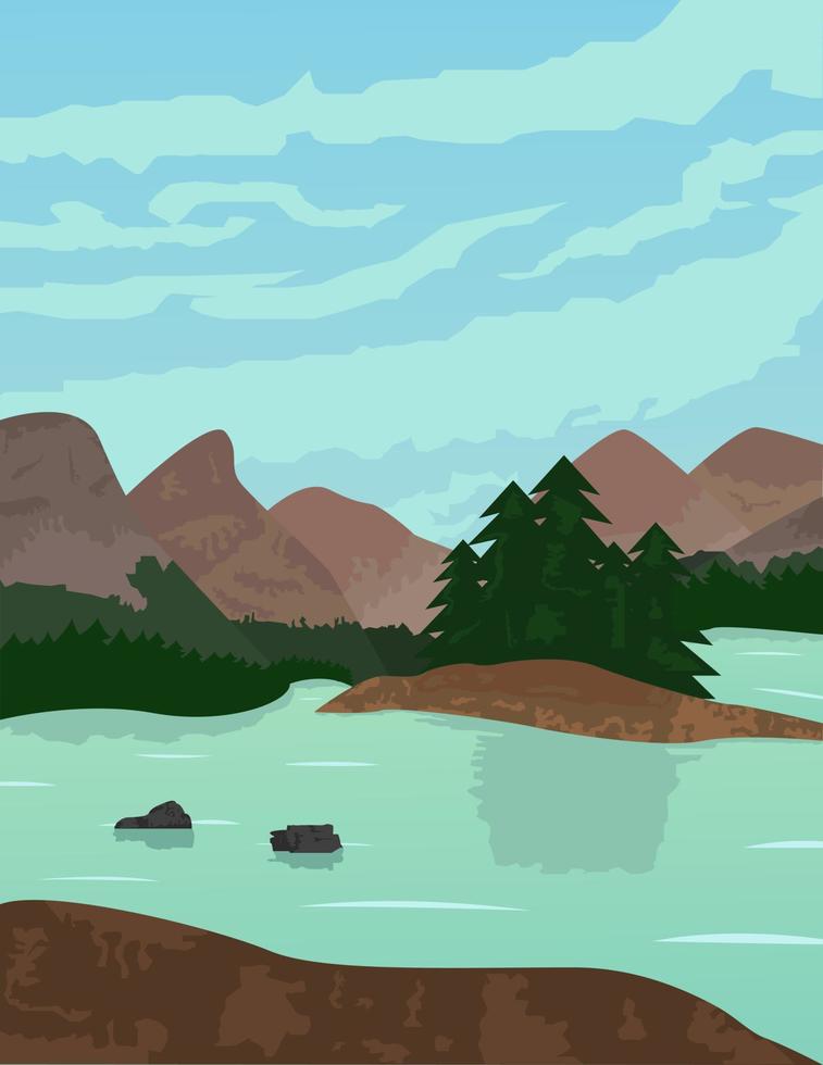 diseño vectorial ilustrativo del paisaje y la naturaleza de la montaña, el río y el bosque vector