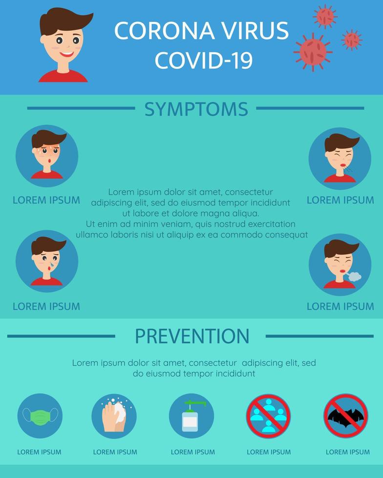 ilustración diseño vectorial de los síntomas del coronavirus covid-19 e infografías de prevención vector