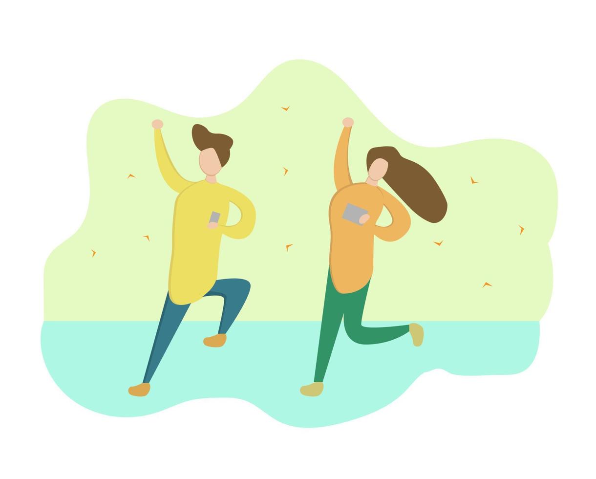 el diseño vectorial ilustrativo de hombre y mujer es felicidad y salto, sostienen su aparato. vector