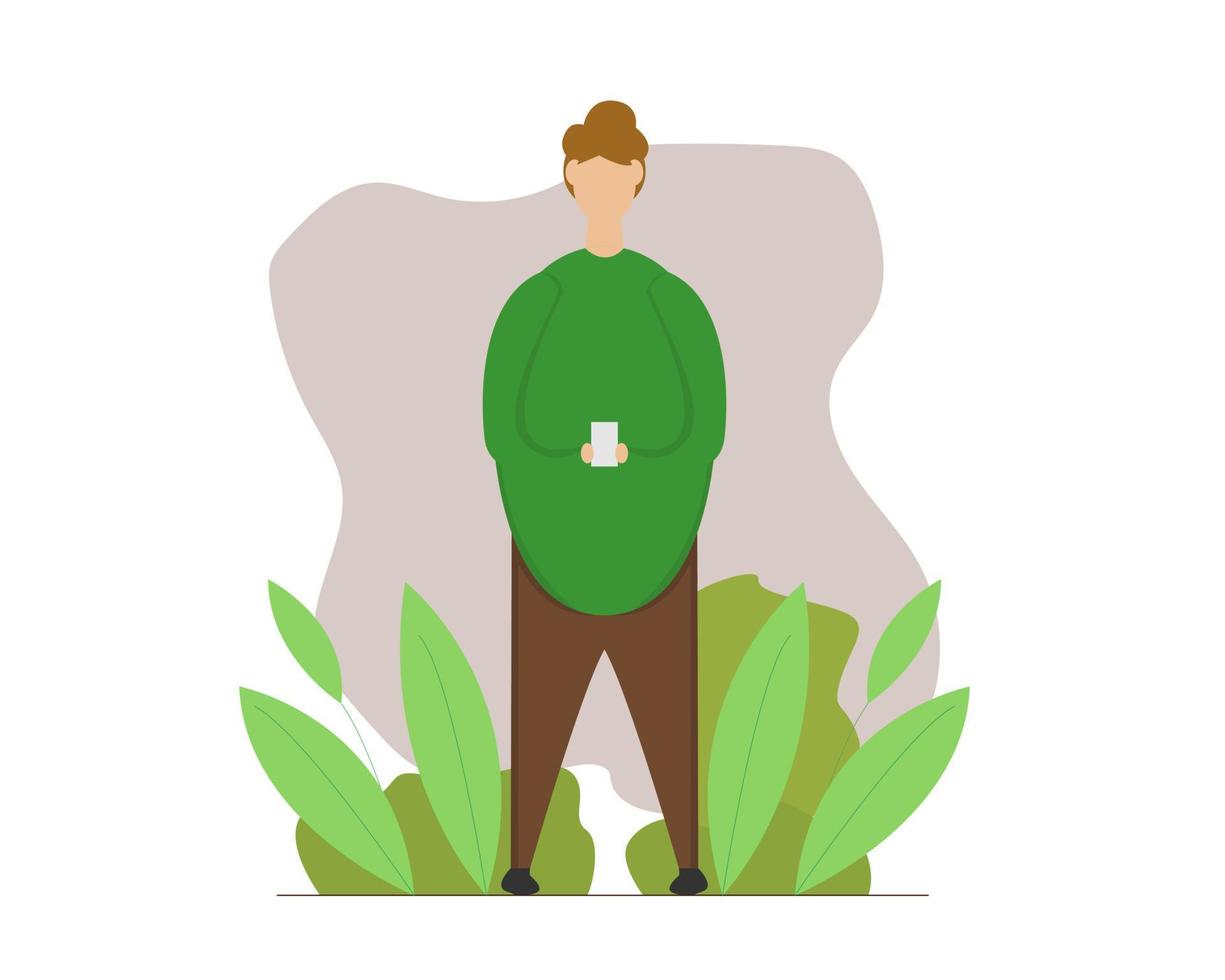 Illustration vector design of a man standing and holding his smartphone