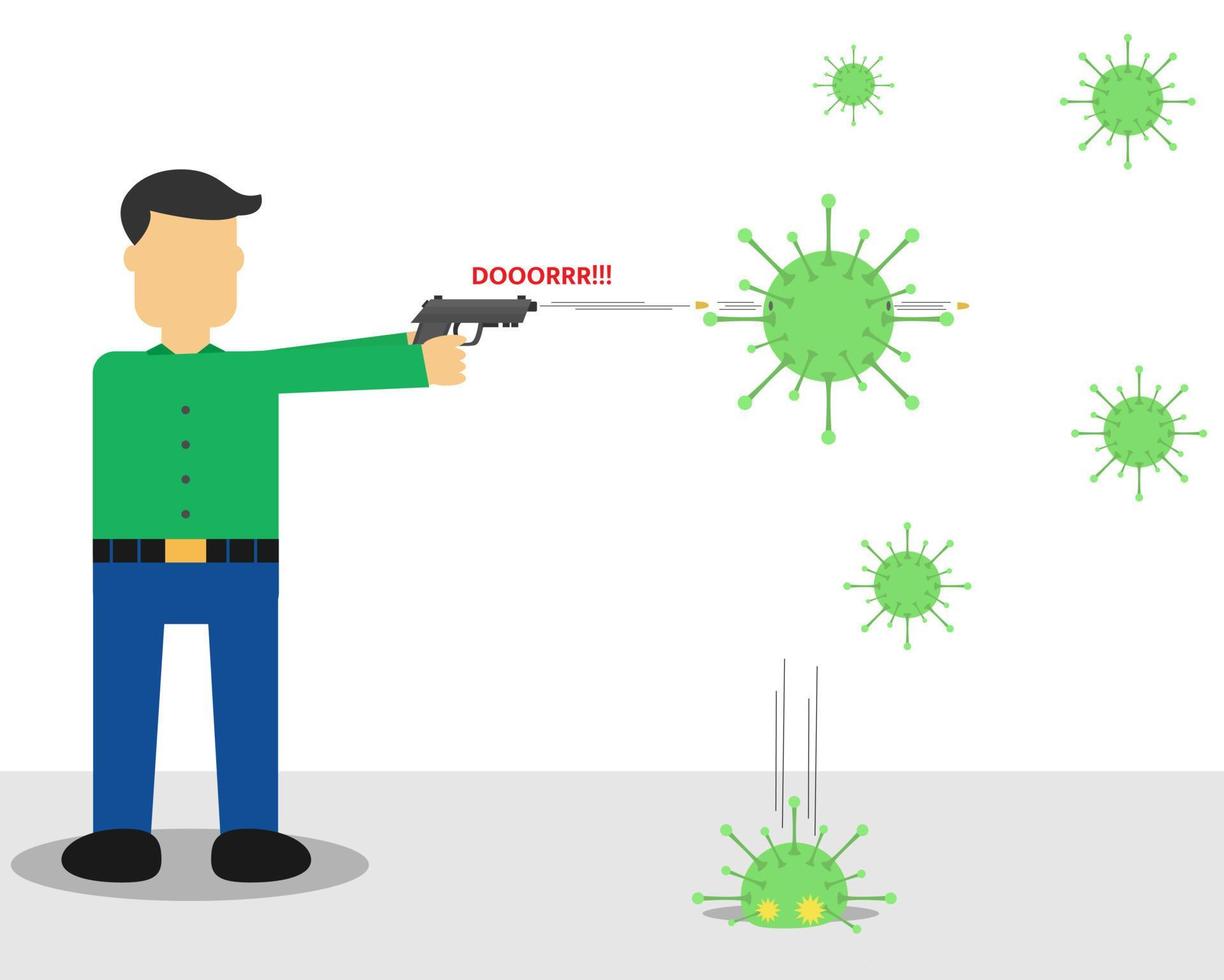 Businessman holding a gun and shooting virus for protecting himself vector