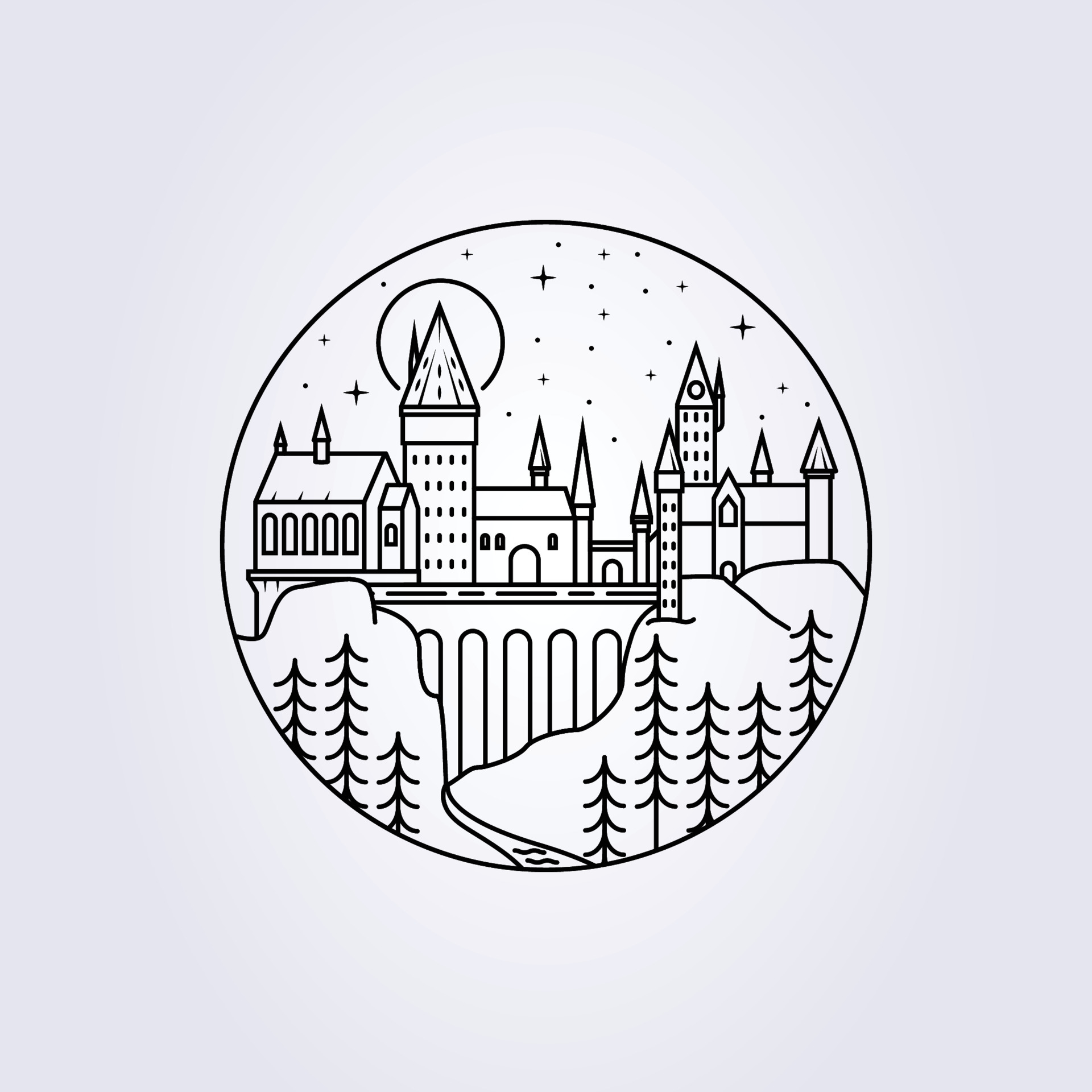 line art castillo de hogwarts ilustración vector iconos logo imprimir