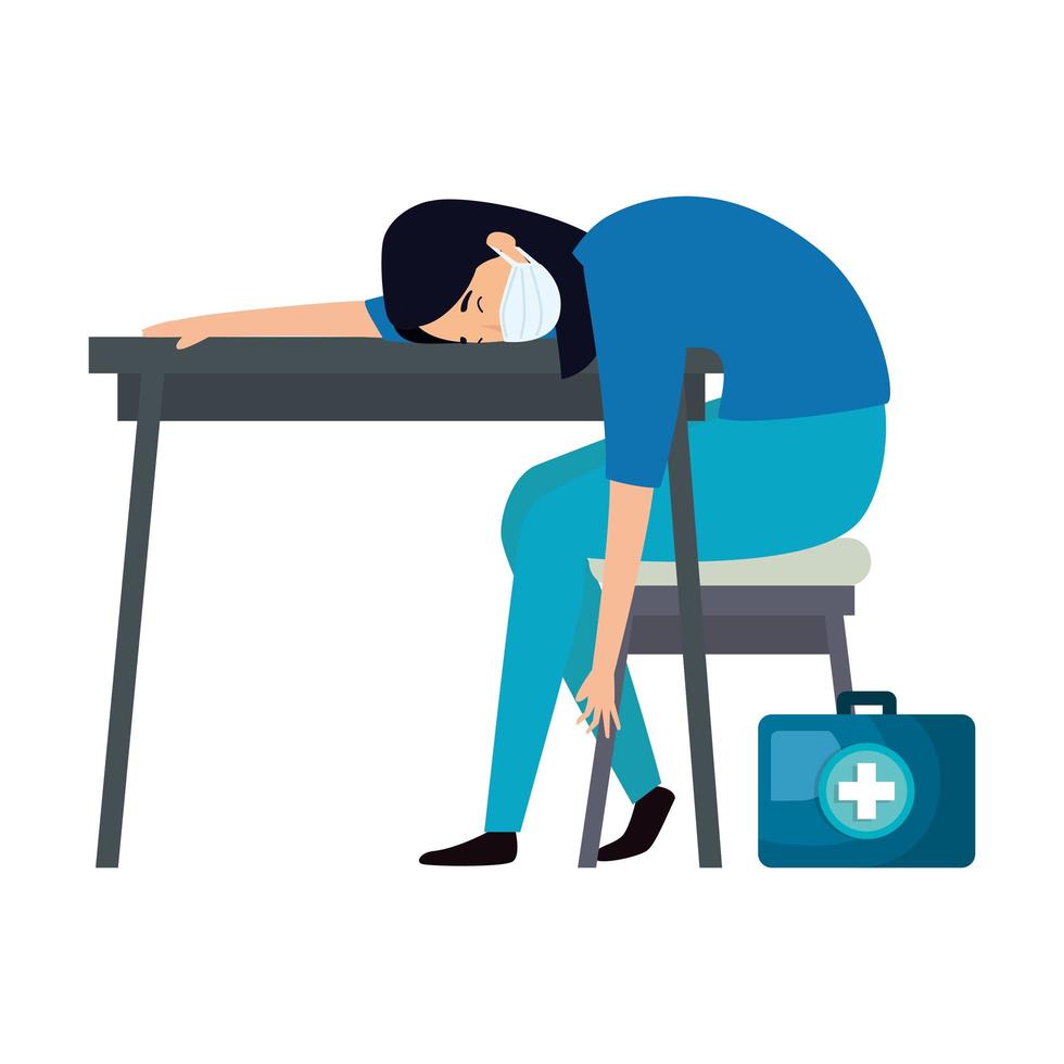 female paramedic sleeping on desk using face mask vector