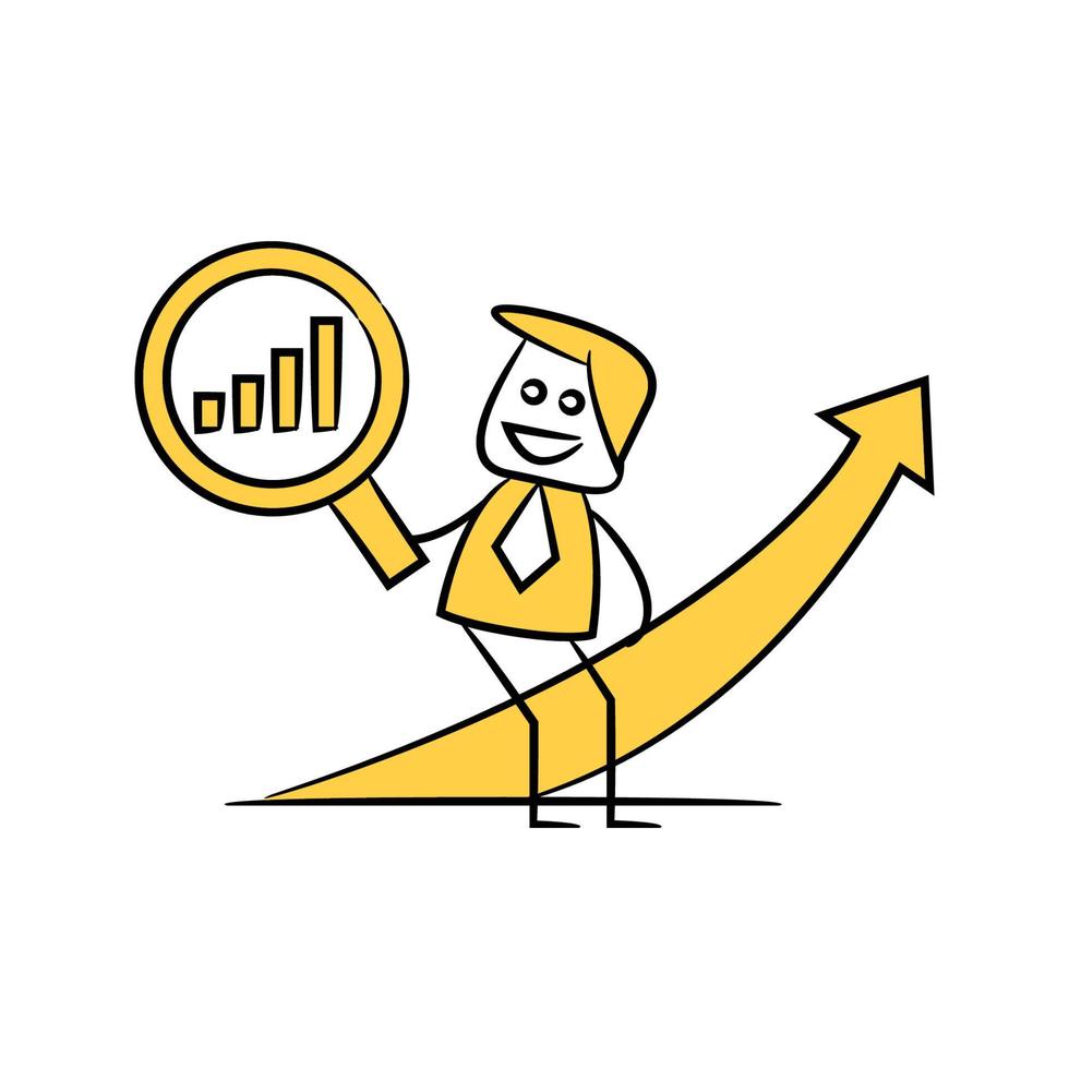 data analyst with magnifier yellow doodle illustration vector