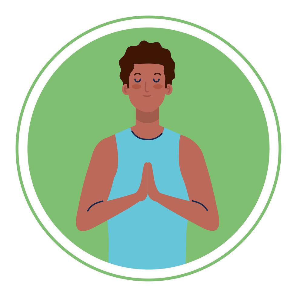 hombre afro con los ojos cerrados, meditación, estilo de vida saludable vector