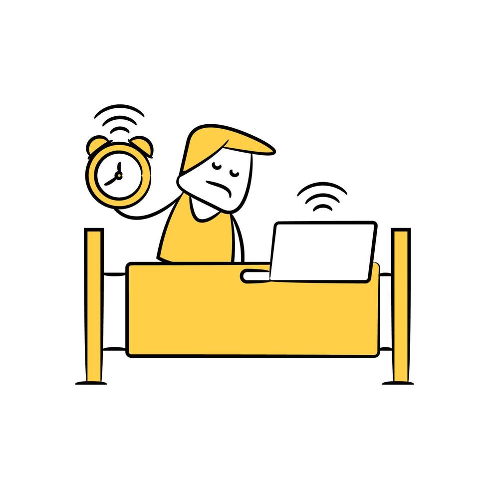 wake up worker on bed yellow doodle stick figure vector