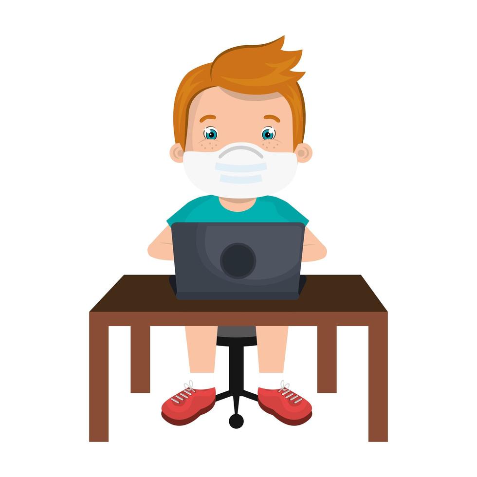 boy using face mask with laptop studying online vector