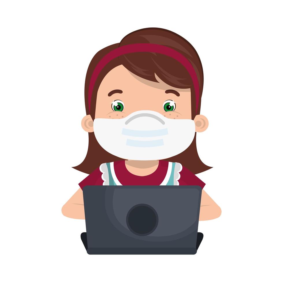 girl using face mask with laptop studying online vector