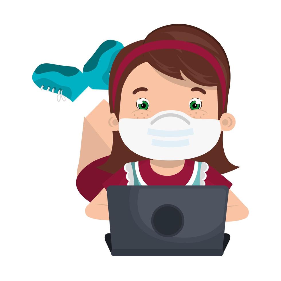 girl using face mask with laptop studying online vector