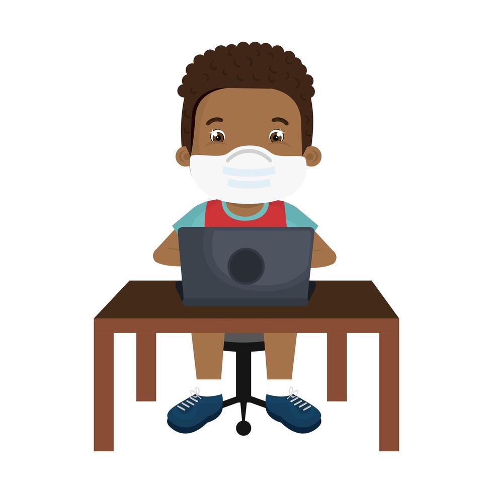 boy using face mask with laptop studying online vector