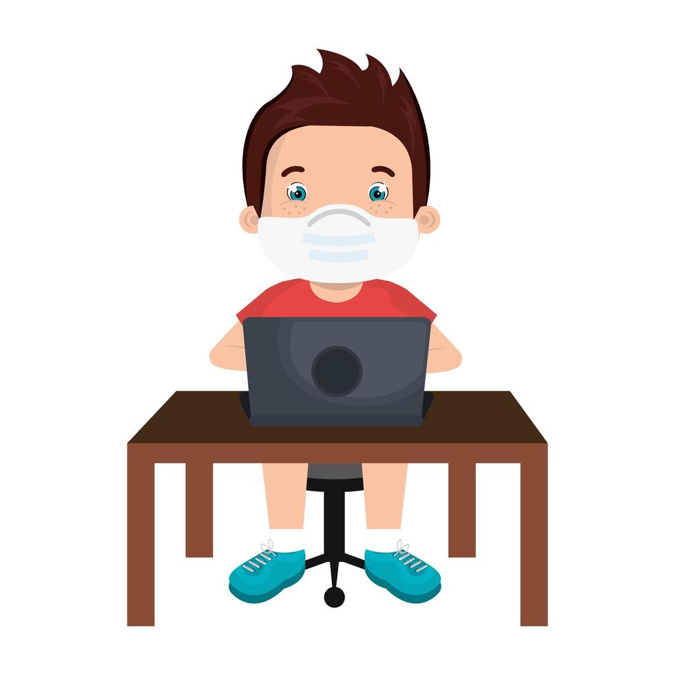 boy using face mask with laptop studying online vector