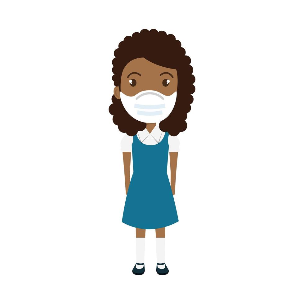 cute girl student afro using face mask isolated icon vector